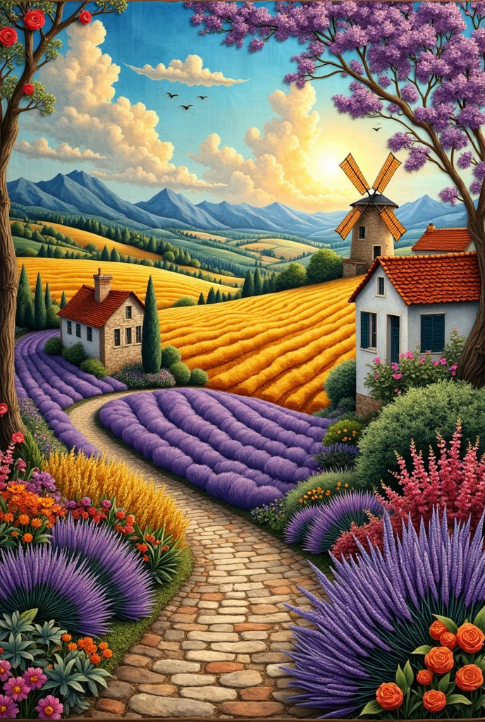 Step into the rustic charm of old-world Europe, where fields of lavender and golden wheat stretch as far as the eye can see. This pastoral scene is perfectly captured in a lovingly crafted patchwork tapestry. Swathes of deep purples and sunlit yellows weave through the fabric, painting a picturesque countryside vista. One patch, delicately embroidered with the likeness of a cobblestone street lined with quaint cottages, invites memories of days gone by. Another square offers the serene image of a solitary windmill turning against the azure sky, whispering tales of an era where time moved more languidly. Each piece of fabric, some worn with faded elegance, speaks of generations past; lace fragments hint at the bridal finery, while rustic burlap recalls the hearty labor of fieldwork. The quilt’s texture provides a tactile history, a tactile reminder of a Europe filled not just with tradition but with the comfort of continuity. As you look upon this handcrafted canvas, you are transported to a gentle time, wrapped in the warmth of community and craftsmanship.