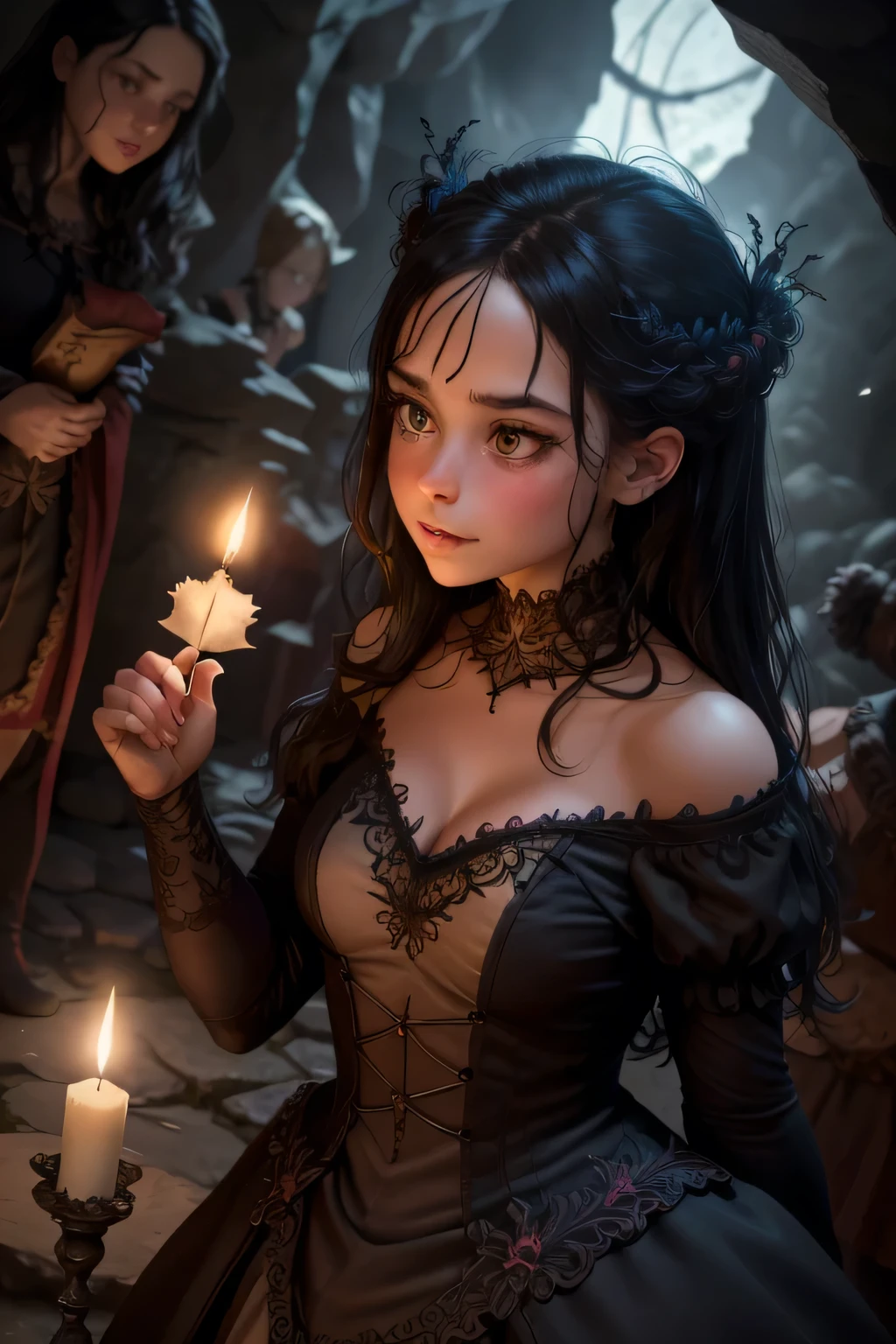 illustration of  girl, dark hair, black eyes, youngest cute face, from the Canterville Ghost, furtively observing a group of followers of the Goddess Freia who are celebrating a forbidden ritual inside a mysterious cave. We are sure that only a talented artist like you will be able to capture the essence of this magical and mysterious encounter. Your drawing will be fundamental for the creation of a unique publication, which combines the gothic atmosphere and the charm of the supernatural. Remember to add evocative details, such as candle flames dancing in the dark, shadows moving ominously along the rock walls, and Virgin Otis' claws clinging to the stone. Highlight the aura of mystery and emotion that this forbidden encounter evokes.