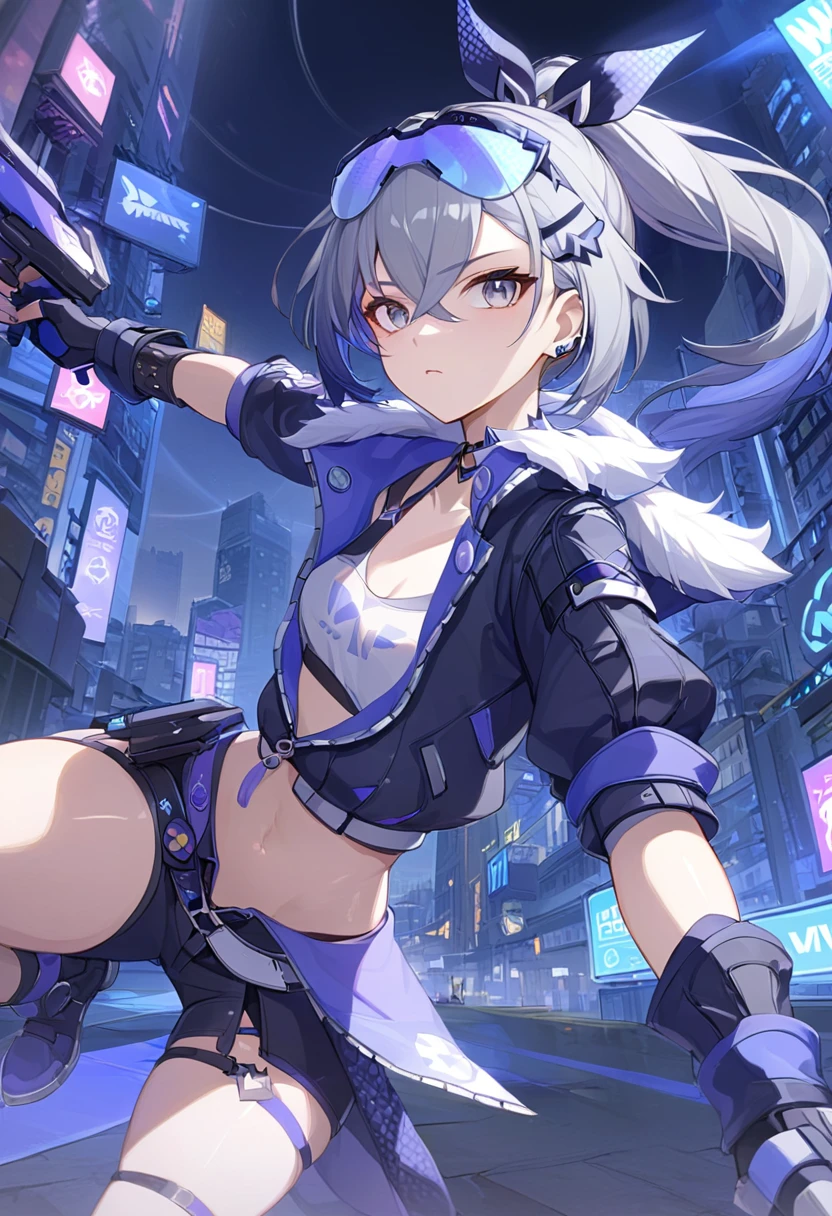 (masterpiece, best quality:1.2),1girl, SilverWolf, Honkai Star Rail, silver hair, ponytail, gray eyes, goggle, high quality, detailed shiny skin, detailed beautiful hair, detailed beautiful eyes, detailed clothes, (high resolusion:1.2), 4K, official art, high quality, small breasts, perspective, fighting,battle,light_trail,dynamic angle,fisheye lens,night,cyberpunk,city,city_lights,scenery