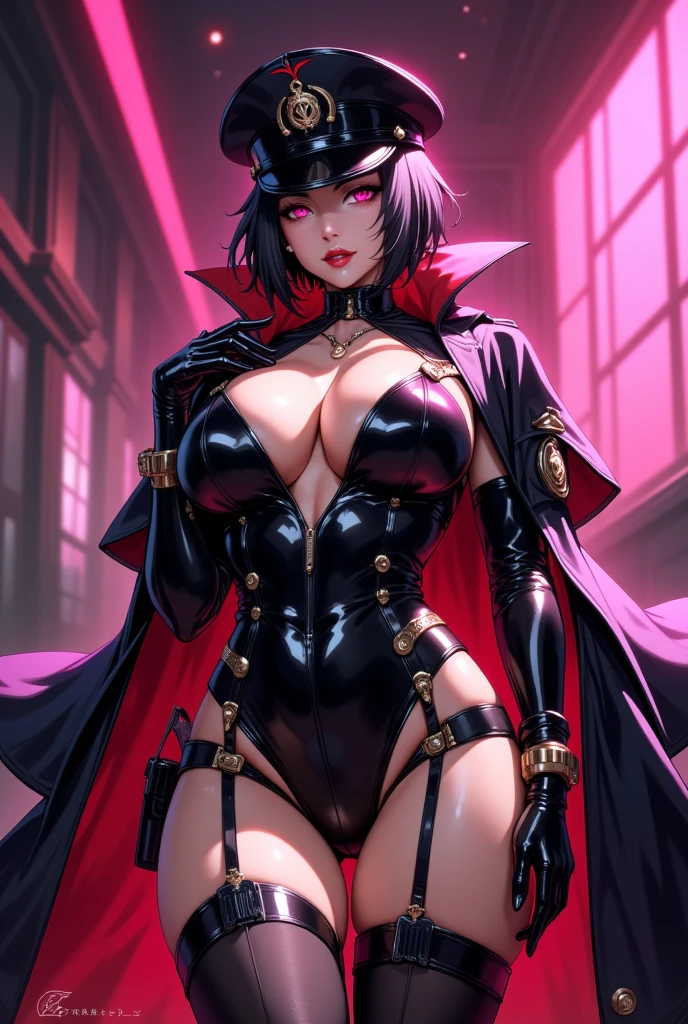 Young beautiful woman,(Best Quality,Extremely detailed depiction, incredibly absurd high resolution, anatomically accurate depiction ,Curvy Legs,Shiny skin,Porcelain-like skin),(Female executive of an evil organization:1.5),(Black latex military costume,A shiny black bondage dress with intricate construction,military hat,Military cloak,Costume mask,Leather thigh-high boots,Long gloves,Leather Choker,Black tights),eyelash,Eyeshadow,(Glowing pink eyes,Crazy Eyes,Eyes half closed:1.5,Large Breasts,A seductive smile,Glossy lips,Shadowed face,Seductive gestures),whole body,Pink light,