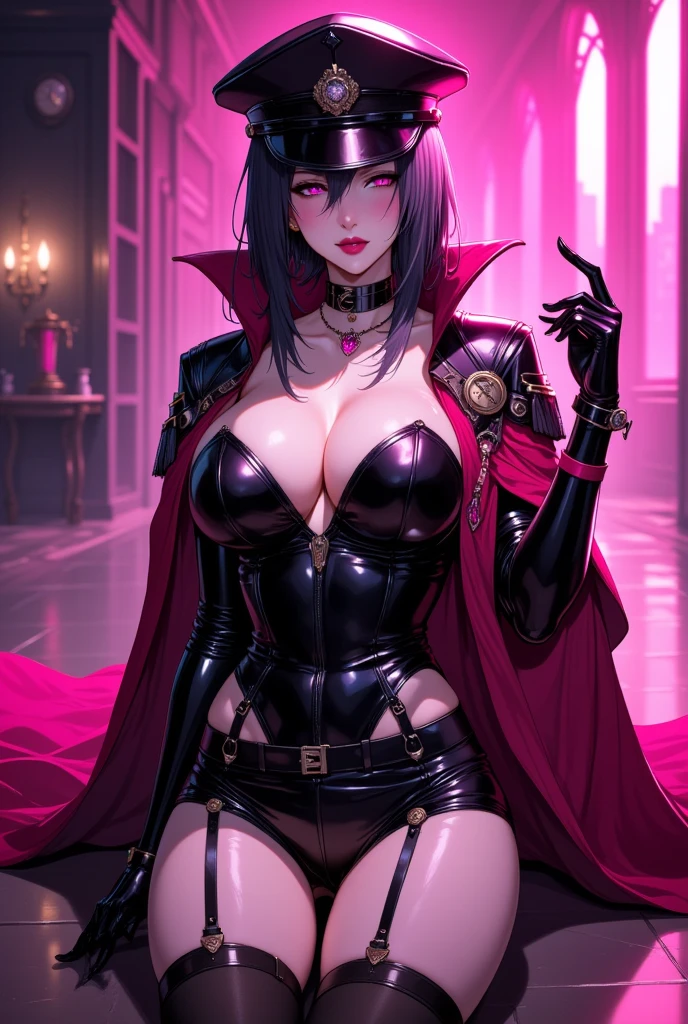 Young beautiful woman,(Best Quality,Extremely detailed depiction, incredibly absurd high resolution, anatomically accurate depiction ,Curvy Legs,Shiny skin,Porcelain-like skin),(Female executive of an evil organization:1.5),(Black latex military costume,A shiny black bondage dress with intricate construction,military hat,Military cloak,Costume mask,Leather thigh-high boots,Long gloves,Leather Choker,Black tights),eyelash,Eyeshadow,(Glowing pink eyes,Crazy Eyes,Eyes half closed:1.5,Large Breasts,A seductive smile,Glossy lips,Shadowed face,Seductive gestures),whole body,Pink light,