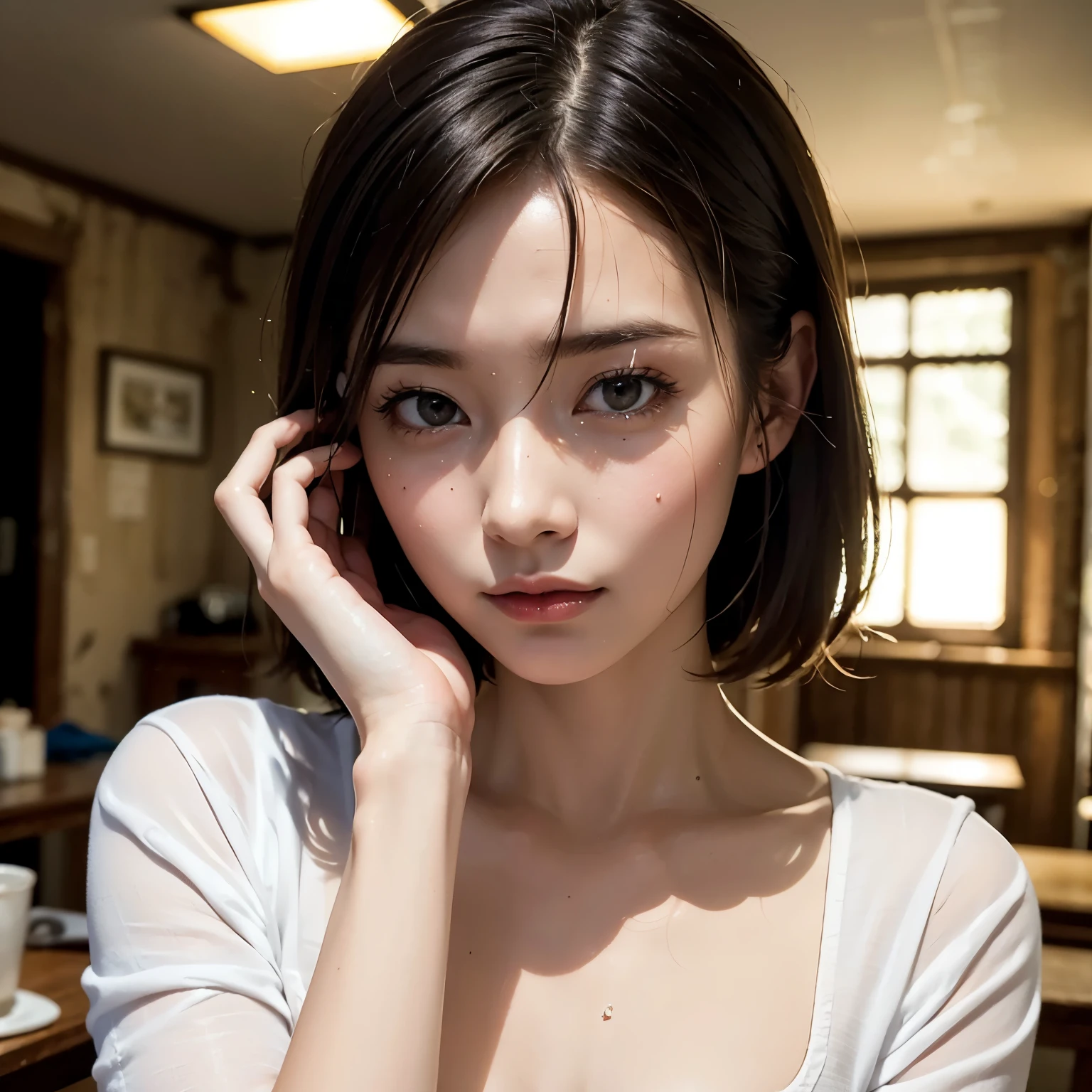 (masterpiece),(Highest quality:1.2),(Very detailed:1.2),(High resolution),(Photorealistic Stick),(RAW Photos),8K,Backlight,(Depth of written boundary),(Sleek lighting:1.2),Close-up of a clothed woman,Soft portrait shots,Beautiful Japanese Women,Gorgeous face portrait,(Eye light,Sharp pupils,Detailed eye drawing,)Very beautiful face,(Detailed skin texture:1.3),Beautiful portrait,A lovely and delicate face,Beautiful young Japanese woman,Short Bob,Look this way,front,(POV shot),(sleepy)