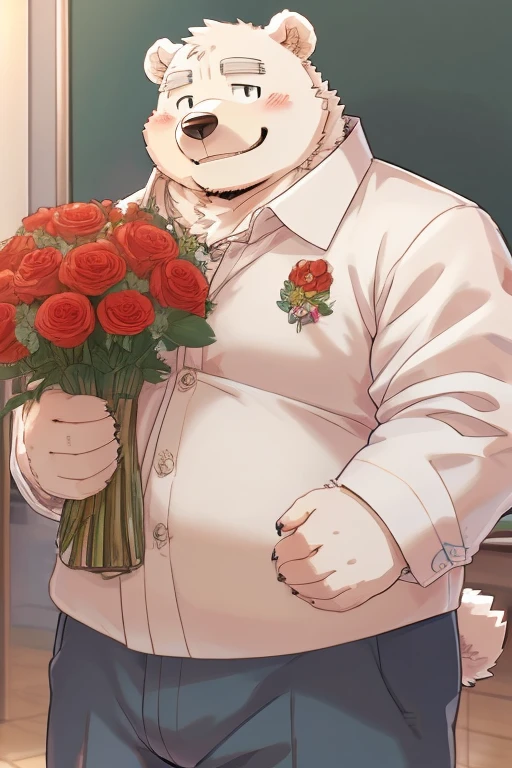 Gained weight、Being overweight、Bear Beast Man、Polar bear、fur、Fluffy、cute、blush、smile、(Low angle)(student、Wearing gakuran、School、classroom)(Holding a bouquet)