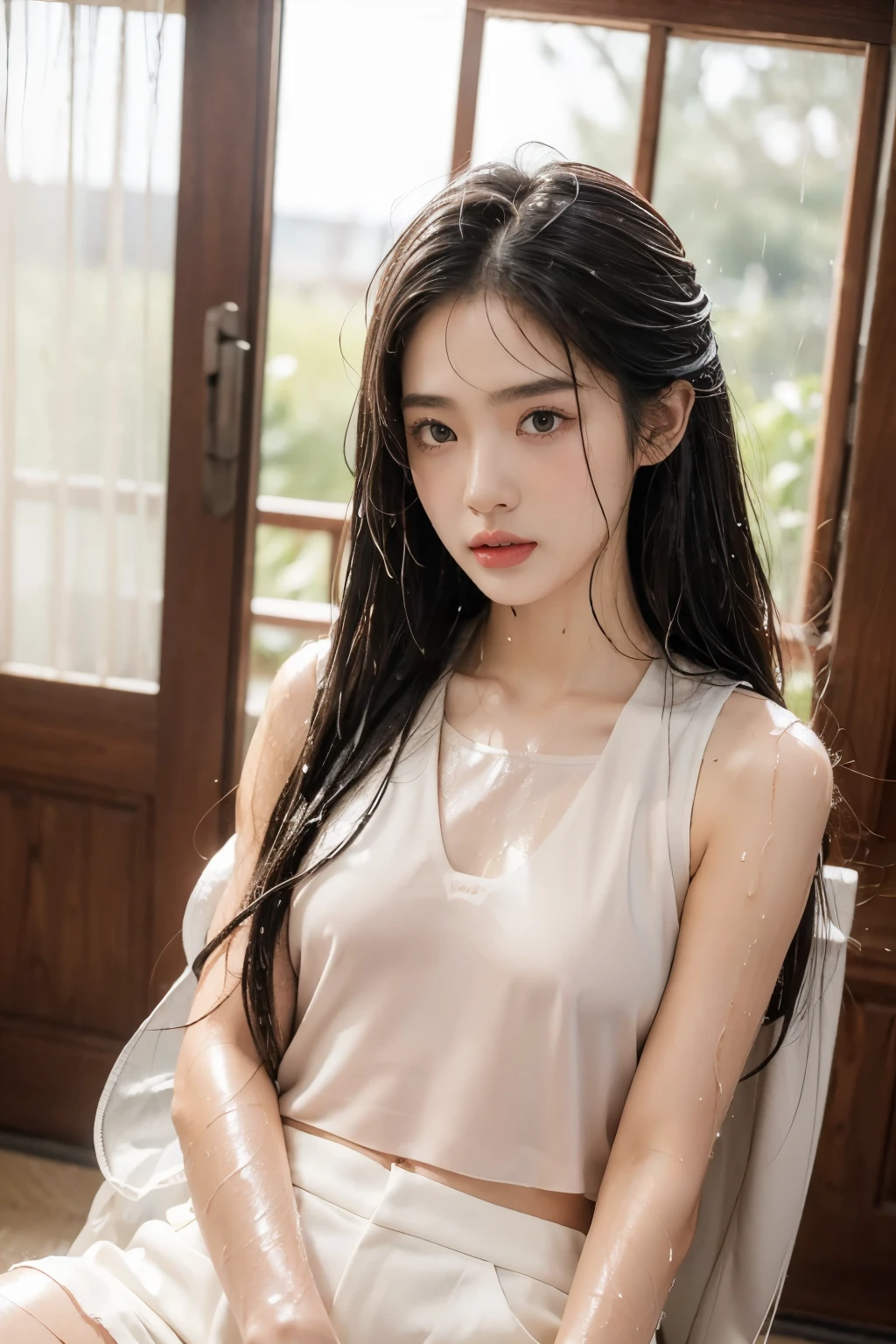 girl holding her flowing long hair, BREAK, 1girl, detailed face, (holding her hair down:1.4), very long hair, absurdly long hair, flowing long hair, black hair, shoulder, rippling water, looking at viewer, washing hair, (best_quality, masterpiece:1.2), (highly detailed), (4k, 8k, uhd, high_resolution, highres), 