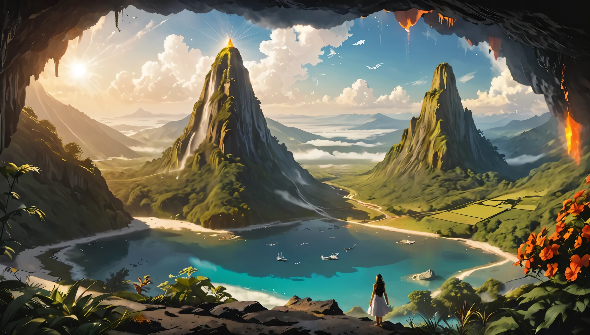 Namaste. person meditating. loose clothes. Beautiful landscape of an enchanted valley, with a volcano. Mystical and dreamlike world. Symbols of nature. Sense of Vastness. intricate details. Cinematic lighting