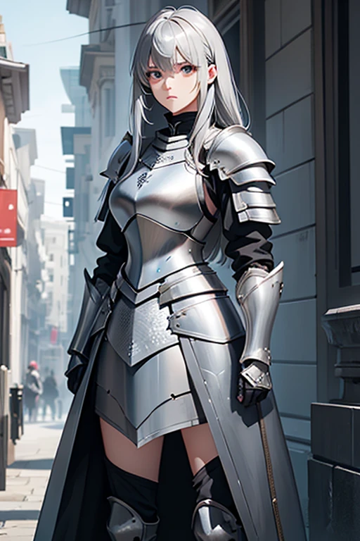 knee shot,female, gray hair, gray eyes, medium-length hair, pull plate armor, knight, 170 cm, bangs, Expressionless, Chic, tough,  standing position, frontal, Stately , Looking down