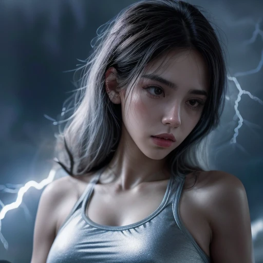 1 latin woman, using a silver color gym crop with an image of a lightning on it.