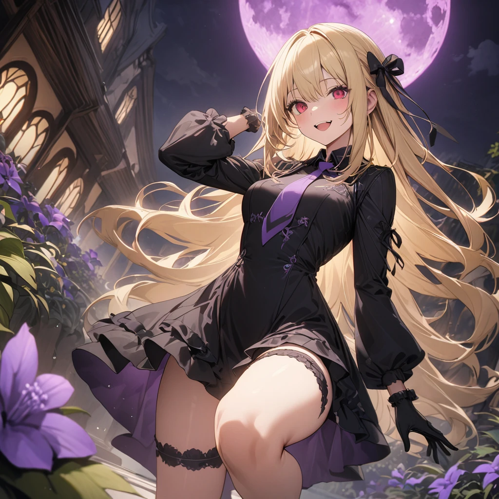 a handsome girl, solo, loli,
blonde long hair, twintails, yellow eyes, bright eyes, fang
violet and black wizard dress, garter rings, tights, wizard hat,
naughty smile,
perfect lighting, best angle, blurry background, night sky,
masterpiece, best quality, extremely detailed face, extremely detailed