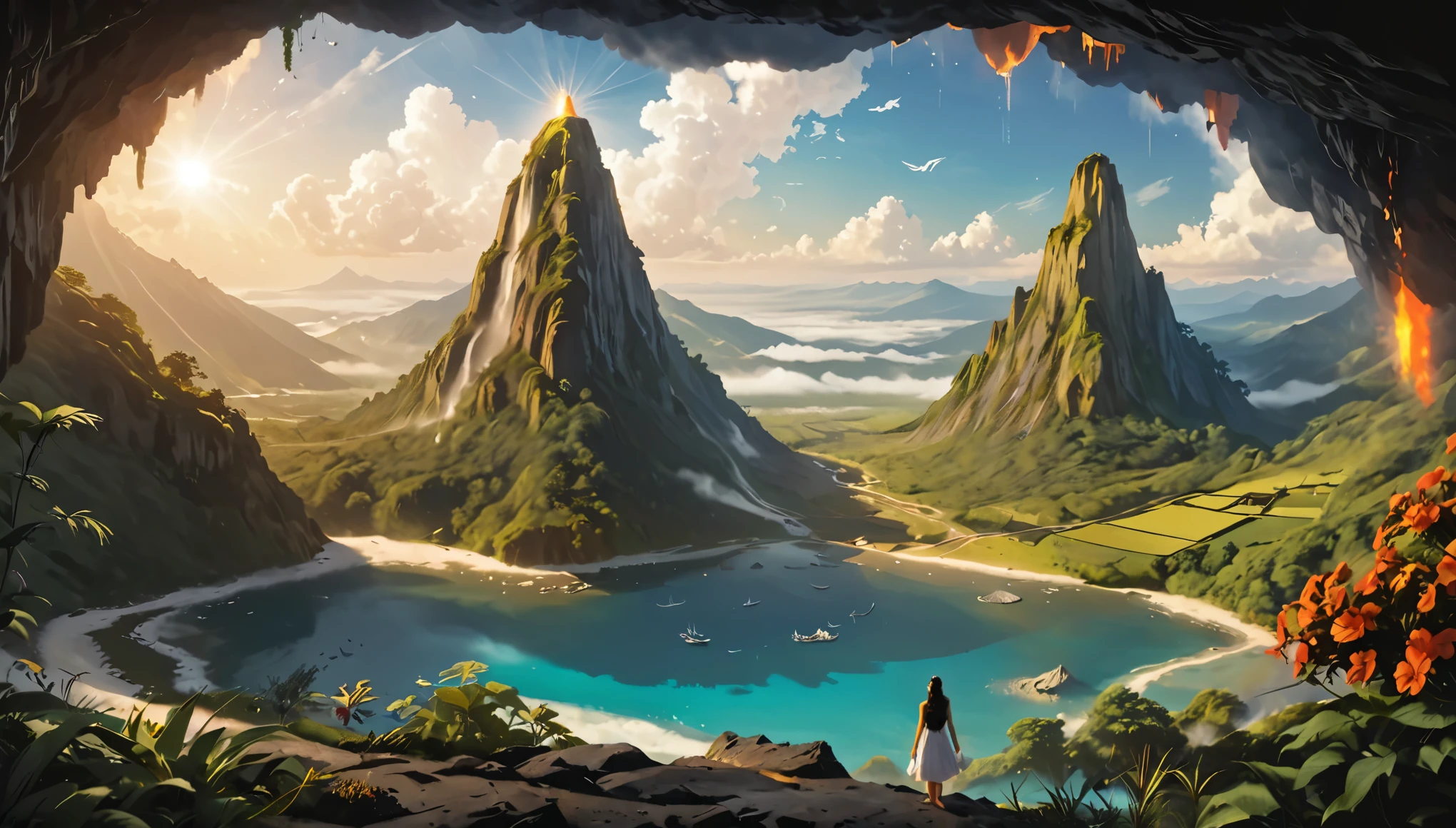 Namaste. person meditating. loose clothes. Beautiful landscape of an enchanted valley, with a volcano. Mystical and dreamlike world. Symbols of nature. Sense of Vastness. intricate details. Cinematic lighting