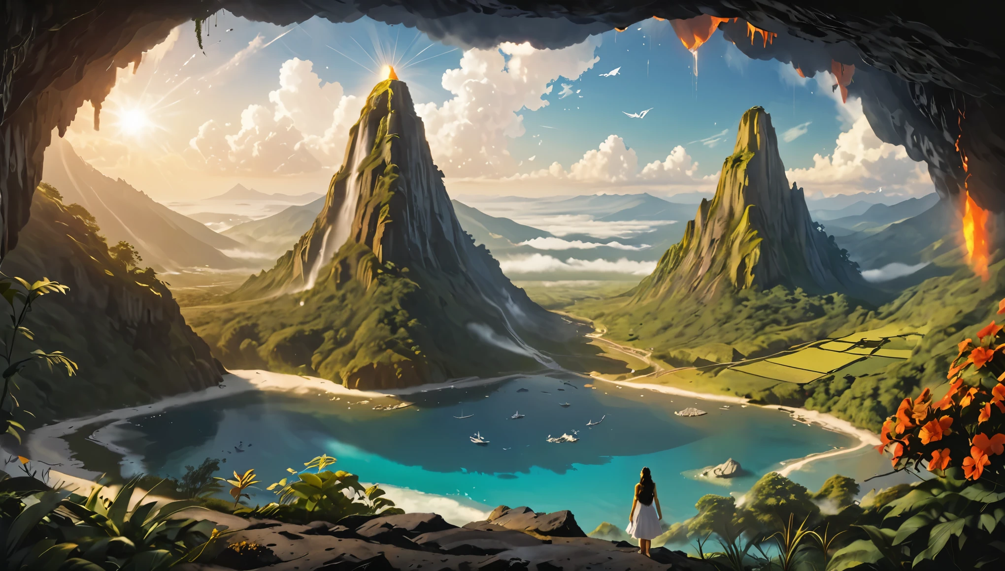 Namaste. person meditating. loose clothes. Beautiful landscape of an enchanted valley, with a volcano. Mystical and dreamlike world. Symbols of nature. Sense of Vastness. intricate details. Cinematic lighting