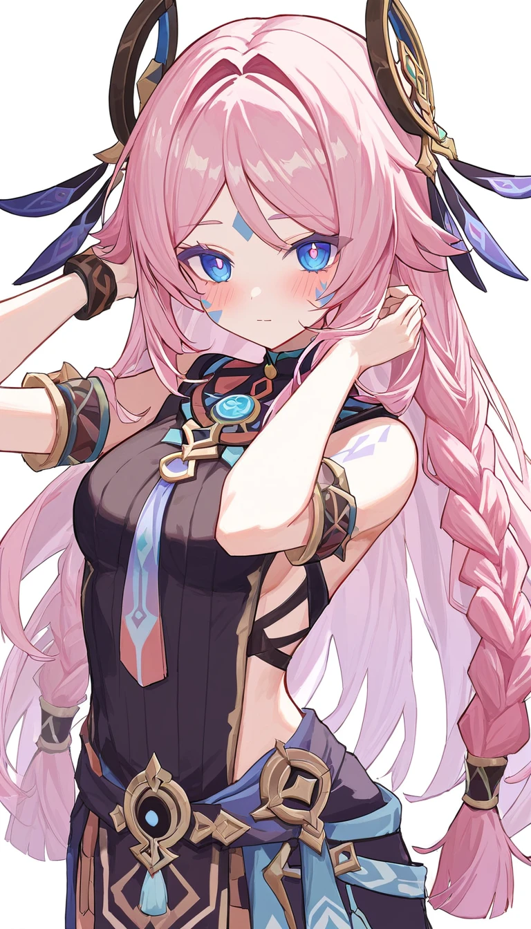 citlali ,シトラリ(genshin impact), 1girl,cowboy shot,pink hair, parted bangs, very long hair, hair down, braids, hair ornament, facial Mark, blue eyes, pink pupils, tribal clothes,waistcloth,Genshin Impact Style, AddXL, touches hair, glowing eyes, blush, beautiful detailed, hyper detail, masterpiece, best quality, bright, hair ornament, facial Mark, citlali,white background