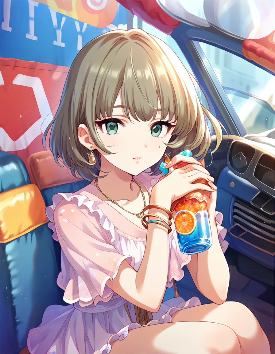 Score_9, Score_8_up, Score_7_up, sauce_Anime,adult，
indoor,Convertible，sunglasses，Devil&#39;s Smile，Villain，Wild pose，night，
short hair, Brown Hair, bangs,green eyes,Mole under the eye, medium cut，
 bracelet，Earrings，Reflection of light，(sensitive，Viewer discretion advised，)(((巨大なフтанари，))) detailed expression，