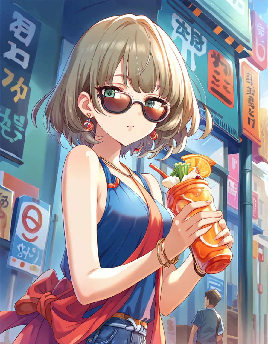 Score_9, Score_8_up, Score_7_up, sauce_Anime,adult，
indoor,Convertible，sunglasses，Devil&#39;s Smile，Villain，Wild pose，night，
short hair, Brown Hair, bangs,green eyes,Mole under the eye, medium cut，
 bracelet，Earrings，Reflection of light，(sensitive，Viewer discretion advised，)(((巨大なフтанари，))) detailed expression，