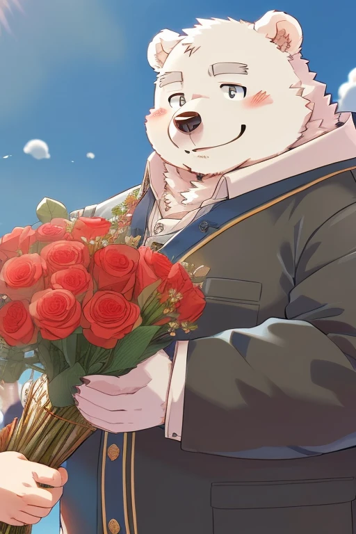 Gained weight、Being overweight、Bear Beast Man、Polar bear、fur、Fluffy、cute、blush、smile、(Low angle)(student、Wearing gakuran、School、classroom)(I'm handing over a bouquet of flowers)