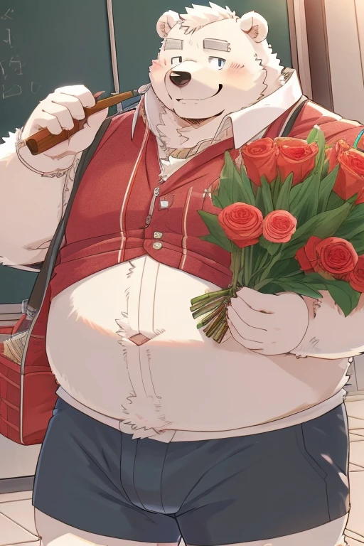 Gained weight、Being overweight、Bear Beast Man、Polar bear、fur、Fluffy、cute、blush、smile、(Low angle)(student、Wearing gakuran、School、classroom)(Present a bouquet)