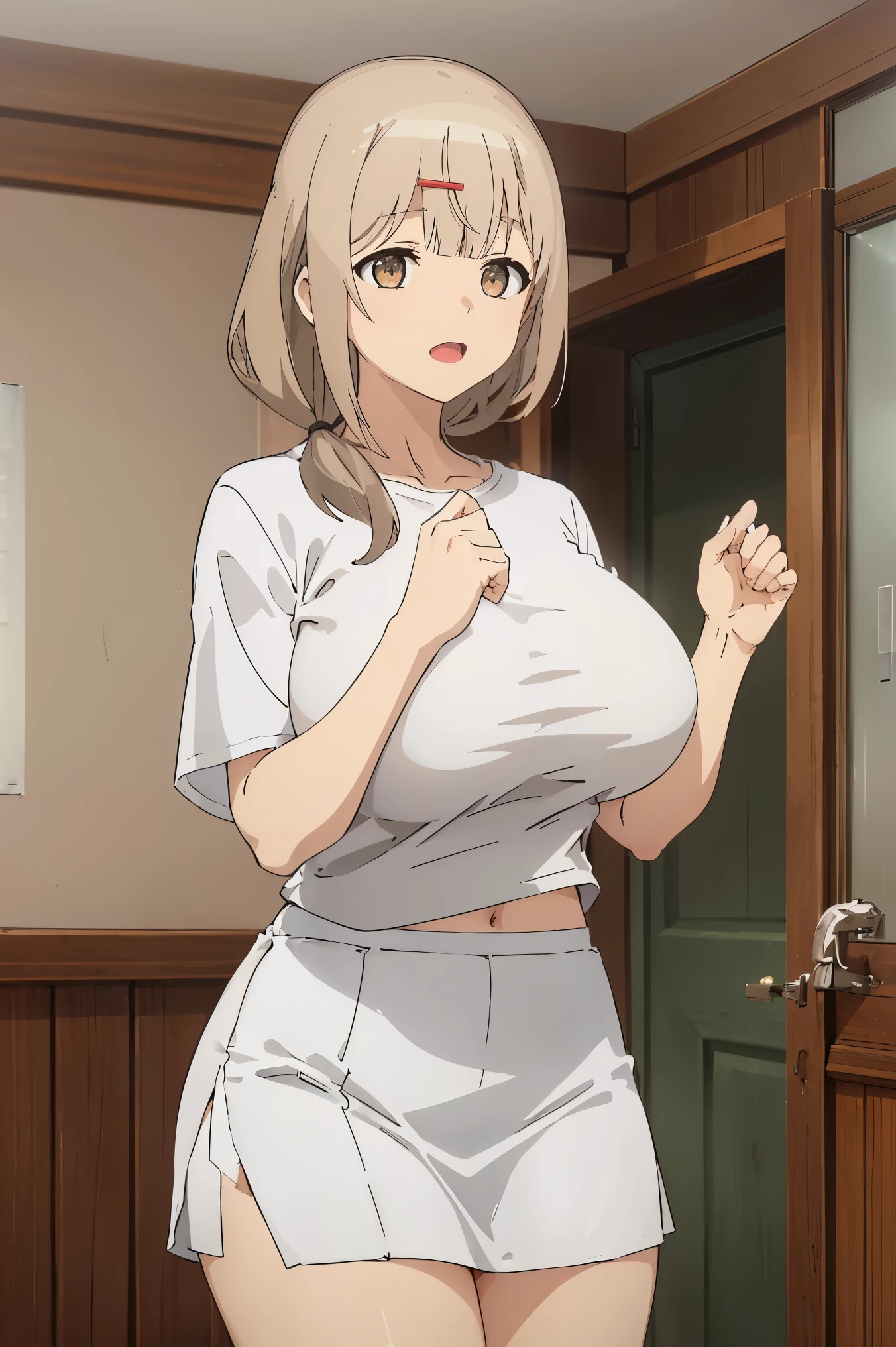 ((big tits )), (((white tshirt, short skirt))),  best quality, (masterpiece:1.2), indoor, room, looking at viewer, light smile, open mouth,(((hands down))), perfect hands, 