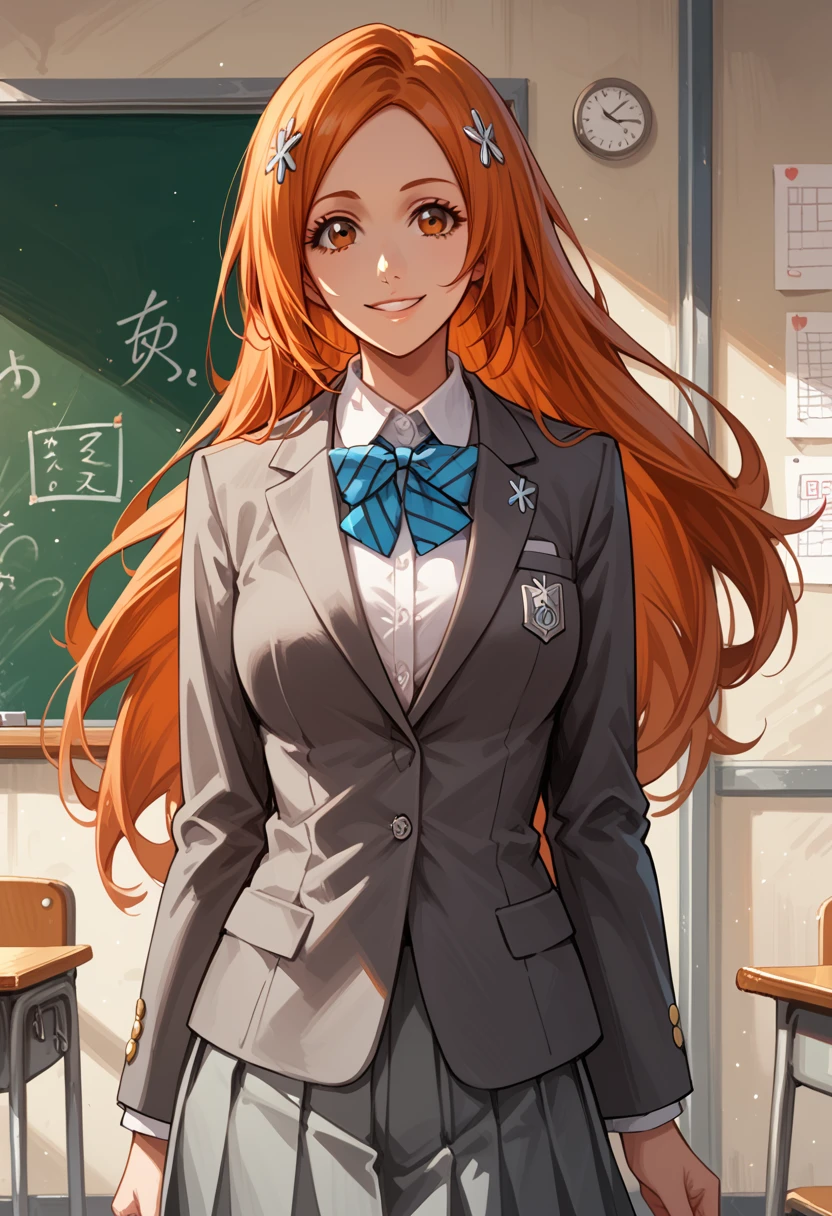 score_9, score_8_up, score_7_up, 1girl, solo, inoue orihime, hair ornament, long hair, orange hair, brown eyes, school uniform, blazer, grey blazer, shirt, pleated skirt, grey skirt, short skirt, collared shirt, sweet smile, classroom, cowboy shot.