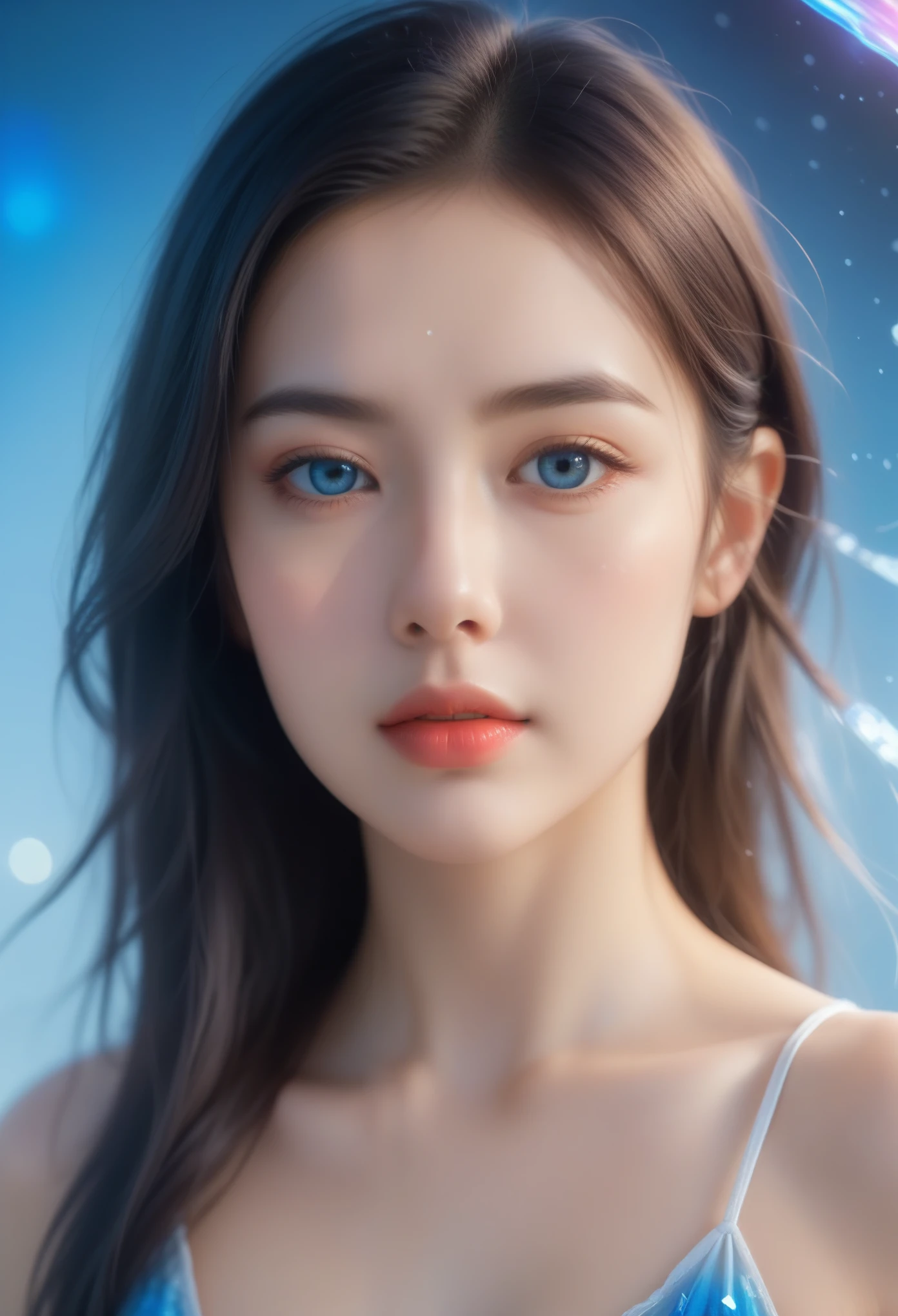 (Best quality,4K,8K,high resolution,masterpiece:1.2), super detailed ,(Practical,photoPractical,photo-Practical:1.37), Pixel Art, Portrait of a woman ,  long hair ， exquisite and beautiful face ,  vibrant blue gradient ,  melting effect ,  complete structure gradually decomposes in mid-air ,  sunlight shines through the partially hollow part,  holographic cosmic space background 