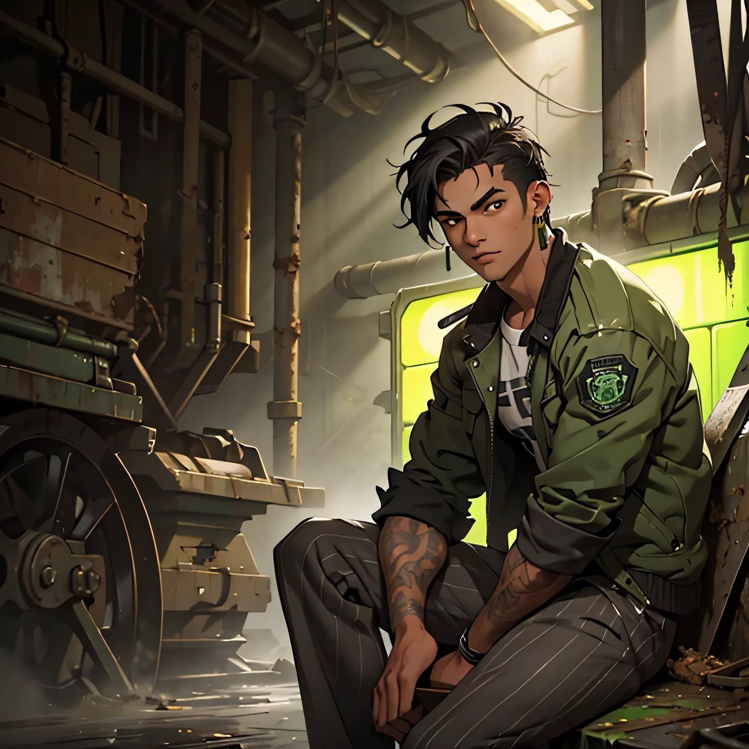 splash art of an eighteen year old character, fair skin, messy medium black hair, gray eyes, handsome beauty, perfect body, square face model beauty, he is dirty, shirtless, dirty moss green jacket with gray details, wide brown striped pants, sitting pose, he has earrings, he is in a dirty place with green lights