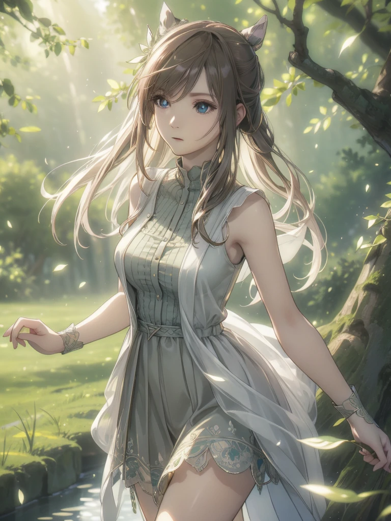 A fashionable and elegant young girl is strolling through a serene park, captured from the knees up. She wears a stylish outfit, highlighted by a large green ribbon adorning her chest. Her long, well-manicured hands add to her graceful appearance. The image showcases her refined beauty, with attention to her chic fashion choices and sophisticated demeanor. The park is peaceful, filled with lush greenery, and the light gently filters through the trees. The scene is serene, with a focus on her poise, rendered in stunning 8K high resolution with every detail vividly clear,
BREAK dress, sleeveless, sleeveless dress,
BREAK (masterpiece:1.2), best quality, high resolution, unity 8k wallpaper, (illustration:0.8), (beautiful detailed eyes:1.6), extremely detailed face, perfect lighting, extremely detailed CG,