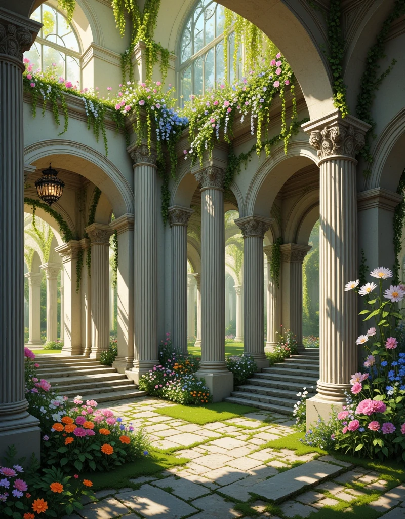 In this realm, the breezes hum with a soft, ancient song, a tribute to the grandeur of bygone days. Here, in the shadow of a once-majestic Rococo palace, nature revels in its newfound dominion. Hermit thrushes nest within forgotten alcoves, serenading a kingdom of vibrant poppies and celestial lilies that caress the broken archways. The air is heavy with the aroma of rich soil, mingled with the ephemeral scent of night-blooming jasmine that unfurls its petals as dusk descends. The eroded statues stand adorned in crowns of dandelion, each lion’s head and nymph softened beneath a blanket of creeping thyme. Resplendent colors and textures ripple across the scene: from the rusted gates clad in cascades of moonflowers to the stone paths swallowed by a river of daisies. Here, in the communion of decay and resurgence, the ruins sing, whispering tales of a time when they themselves were kings, now humbled and clad anew in a whispering veil of green.