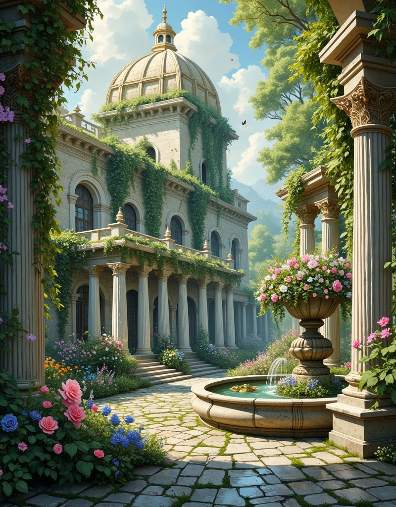 Imagine stepping into a world where nature reclaims its sovereignty over the decadence of man. Towering remnants of a Rococo palace once adorned with gilded trims and intricate stuccoes now lie half-submerged in a sea of verdant complexity. The vines, thick as a lover's embrace, crawl up and over the fluted columns, their once white surfaces now a pastel green canvas. Muted sunbeams filter through canopies of wisteria and jasmine, casting dappled shadows upon crumbling balustrades. The sweet perfume of blooming roses mingles with the earthy scent of moss, creating an intoxicating atmosphere. Birds find sanctuary within the hollow spaces of what were grand salons, their melodies an elegy to the past opulence. Butterflies dance erratically above a marble fountain, cracked yet defiant, where water lilacs have made homes amongst the aged stone. Capture this scene where the resilience of nature paints an ethereal tapestry upon once proud human artistry, a mesmerizing meeting of timeworn elegance and florid chaos.