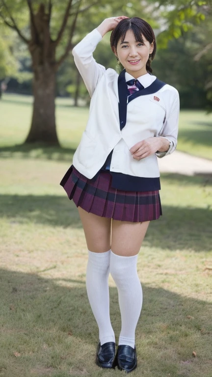 Japanese Mature,White skin,50 years old,(earrings,seifuku cosplay,Short socks,Wearing loafers:1.2),(Standing in the park,Full body shot from head to toe,full body,standing:1.2),looking at viewer,smile,surrealism, depth of field, from below, Sony FE, 8k, arms up