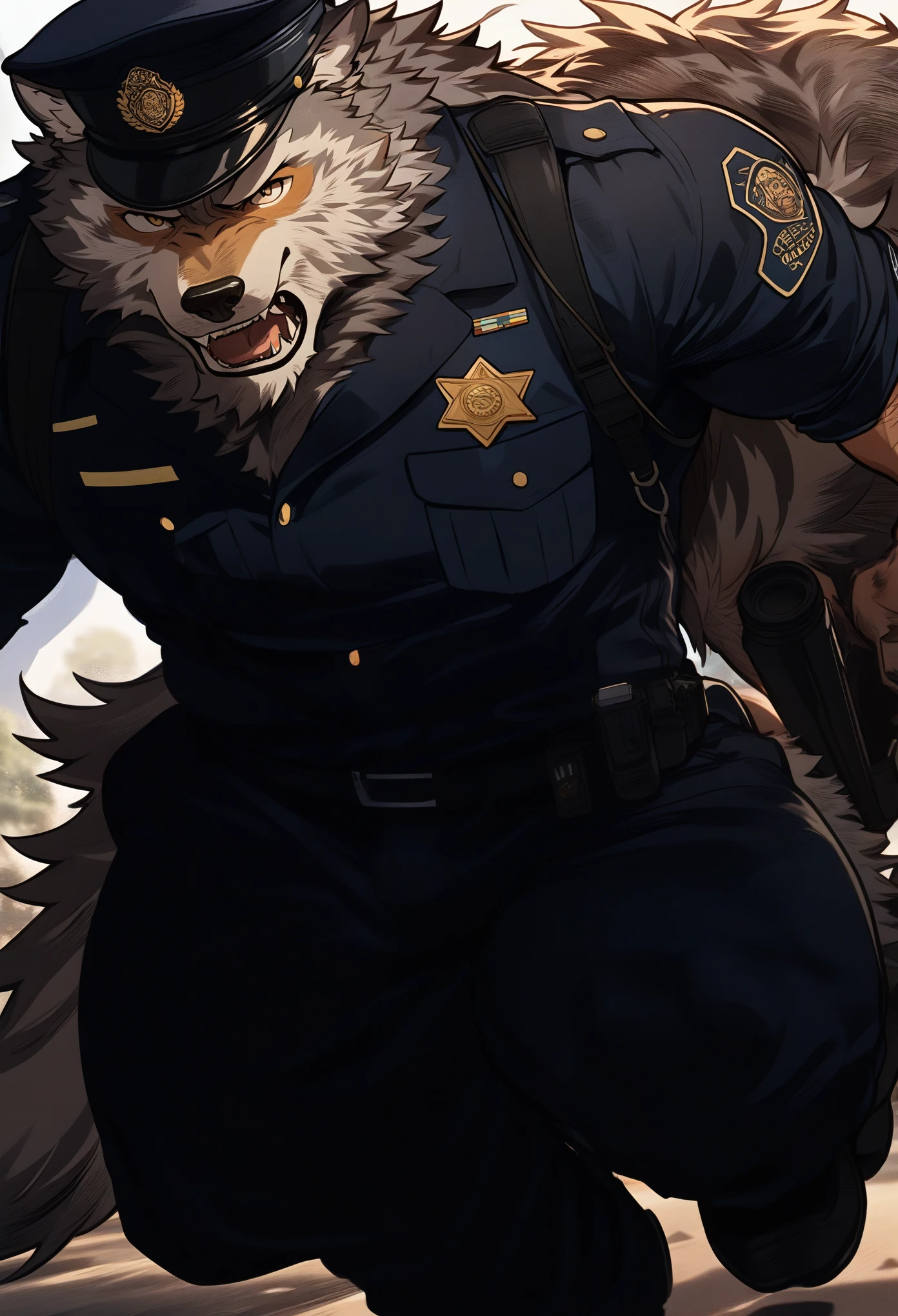 masterpiece, best quality, wolf beastman, muscular, hairy, police officer, serious face, running