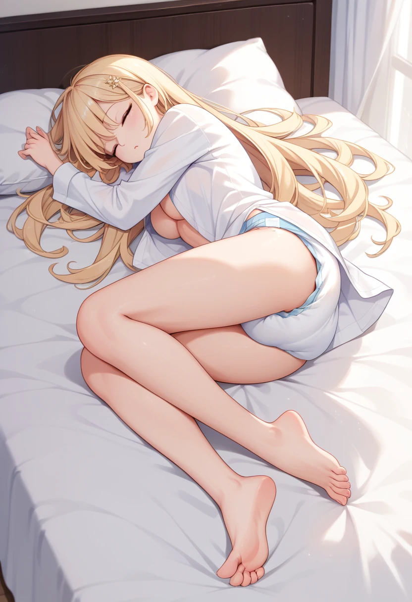 Flowing white hair, melancholy eyes, yellow pupils, black diamond-shaped hairpins, many tiny feathers dancing, She's naked, lying on a super huge,very soft, golden silk cushion in a large position, resting all her weight on it,She's sweating profusely. She's blushing. Luxurious room, Panting, Legs spread apart. Eyes closed, teeth clenched. The cushion is stained with her sweat. She's sweating like crazy. Lots of water dripping from her body. Lots of sweat,crying, She sticks out her tongue. She's drooling. She's trembling,very soft golden silk cushion,Lots of big droplets on the cushion, She's naked,She has no clothes on. All the floors are covered with thick, soft, golden silk duvets. Lots of water droplets on cushions. White chocolate sauce scattered throughout.
