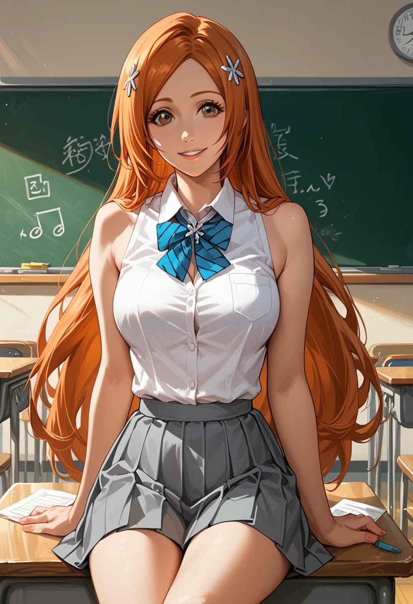 score_9, score_8_up, score_7_up, 1girl, solo, inoue orihime, hair ornament, long hair, orange hair, brown eyes, school uniform, sleeveless shirt, pleated skirt, grey skirt, short skirt, collared shirt, sweet smile, classroom, sitting on desk, elegant, glamorous, cowboy shot.