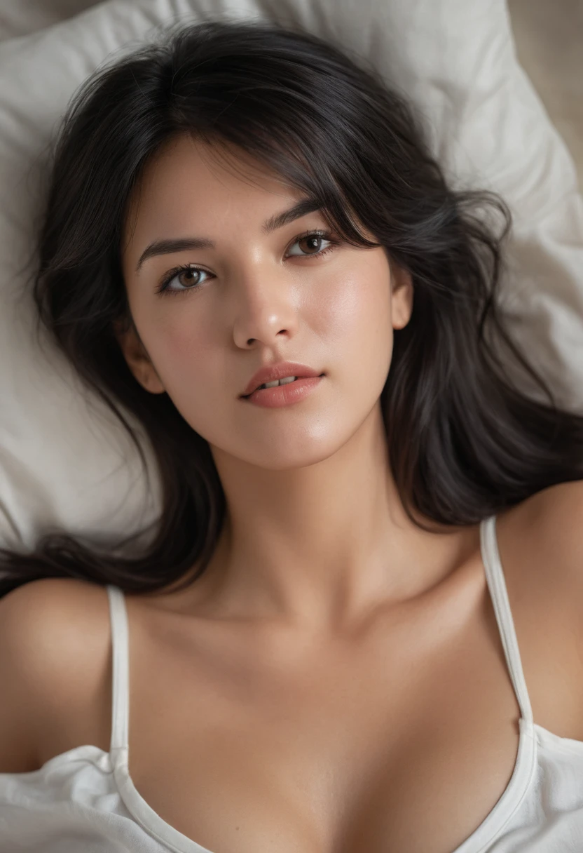 ((realistic lighting、highest quality、8K、masterpiece:1.3))、clear focus:1.2、((mature woman、50 years old、wrinkles around the eyes):1.4)、beautiful woman with perfect figure:1.4、highly detailed faceと肌の質感、highly detailed face、detailed lips、detailed eye、double eyelid、brown hair、eyeliner、eye shadow、flashy makeup、((red satin lingerie, sexy lingerie))、(huge breasts:1.2)、cleavage、(((Lie on your back on the bed)))、