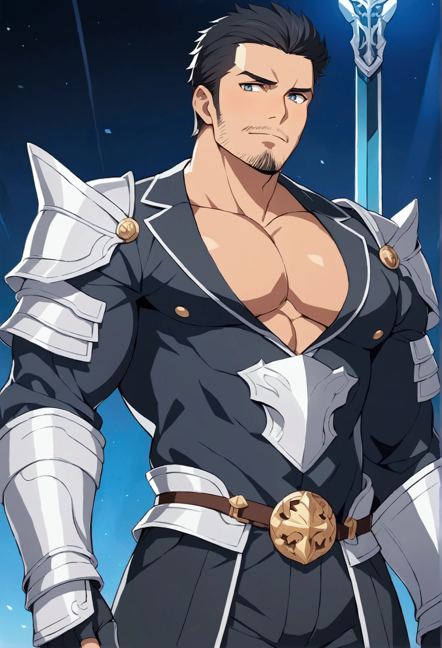 A handsome man around 30, Tanned skin, muscular buff man, Stubble beard,Sharp blue eyes,knight armour,long black hair,hd quality, Detailed art, Detailed art style 