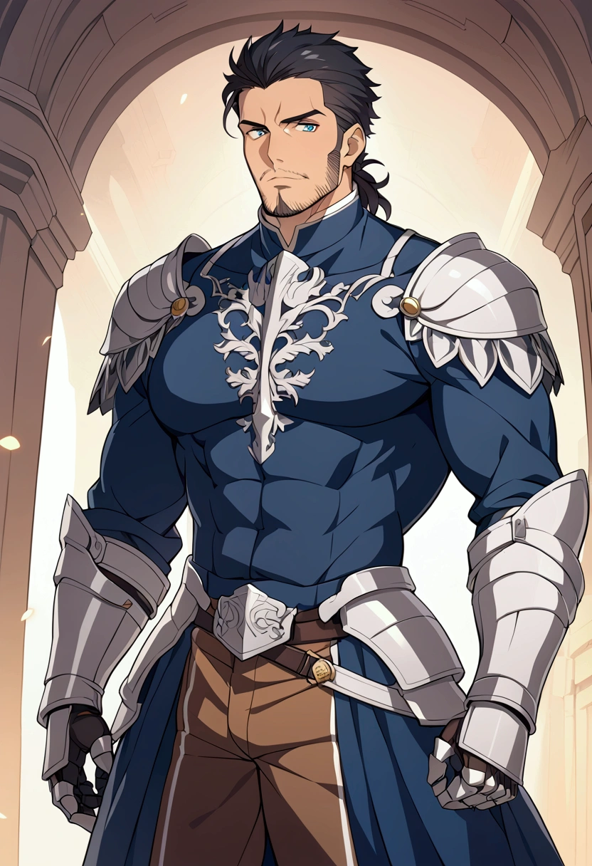 A handsome man around 30, Tanned skin, muscular buff man, Stubble beard,Sharp blue eyes,knight armour,long black hair,hd quality, Detailed art, Detailed art style 