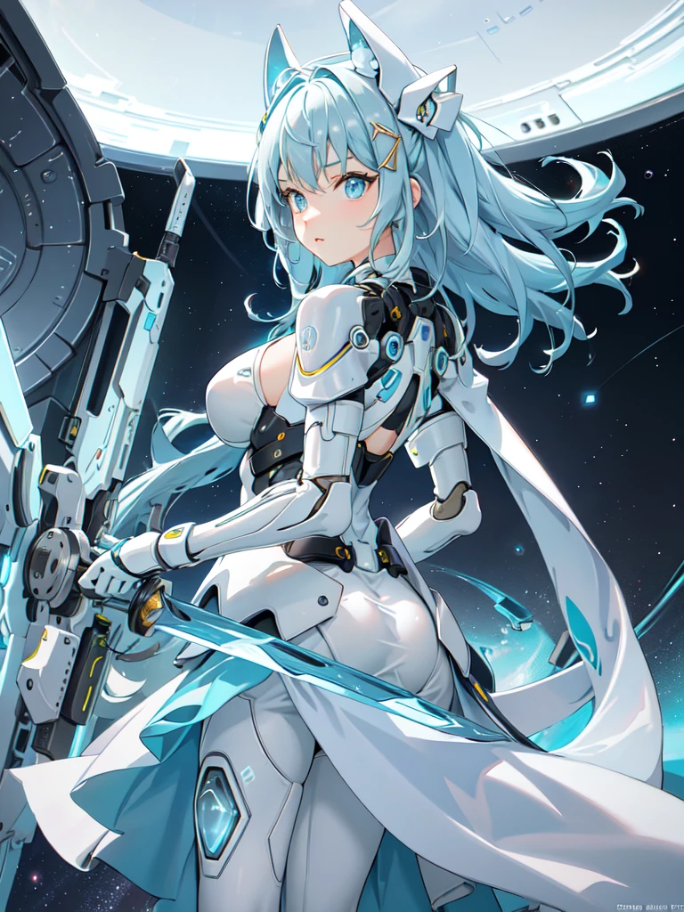 ico_megamanxdive, 1girl, blue eyes, solo, white hair, android, large breasts, black gloves, short hair, thighhighs, necktie, high quality, masterpiece, standing in an underwater city with lots of bubbles, in the style of yuumei, intricate architectures, indigo, miniature illumination, daniel f. gerhartz