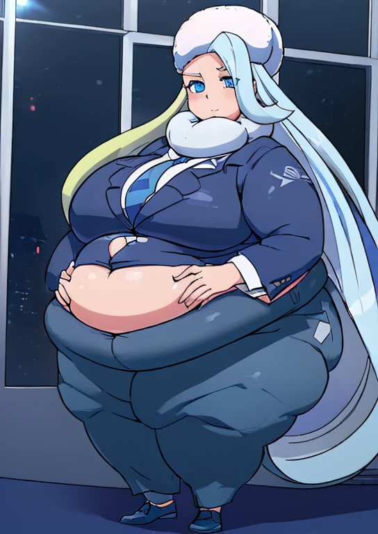 White hair，Silver Eyes，Smiling,1.Man , handsome Suit, Expression:((Surprised Blushing Embrassed)), Pose:(( holding belly hose_in_mouth)),pear_shaped_body,hyper_belly,belly_bigger_than_body,fat