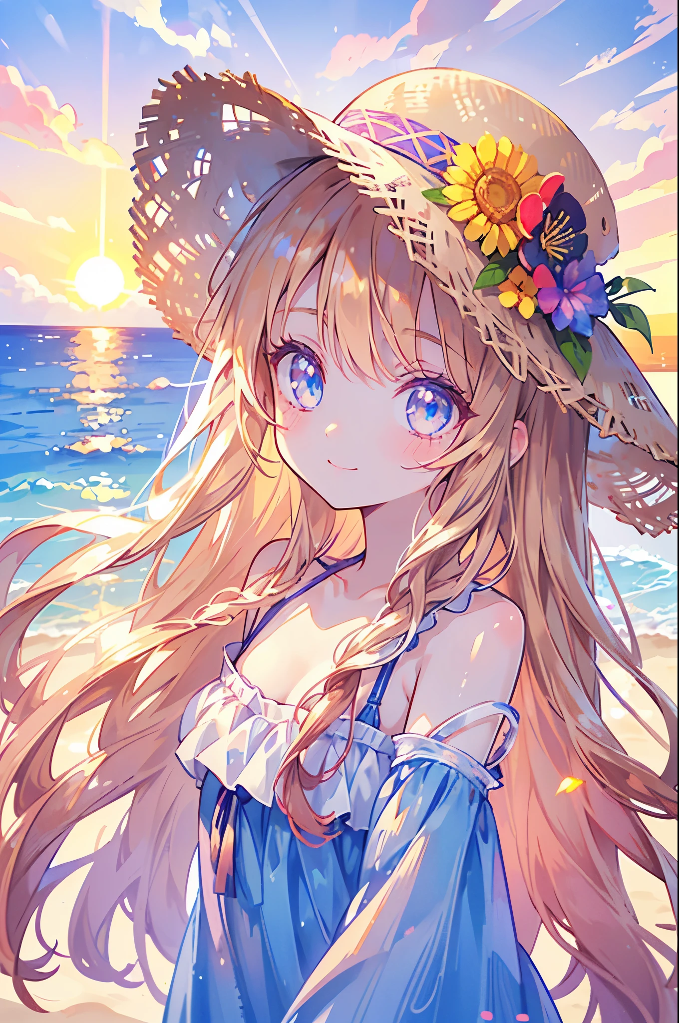 One Girl, long tied brunette hair, smile, blue eyes, Wink, View your audience, Wear a bikini, flower straw hat, (Beach), (sunset), evening, masterpiece, 8K, Perfect lighting, Perfect outfit, Perfect Anatomy, Perfect Eyes, Perfect Face, Sharp resolution, (Face close-up)