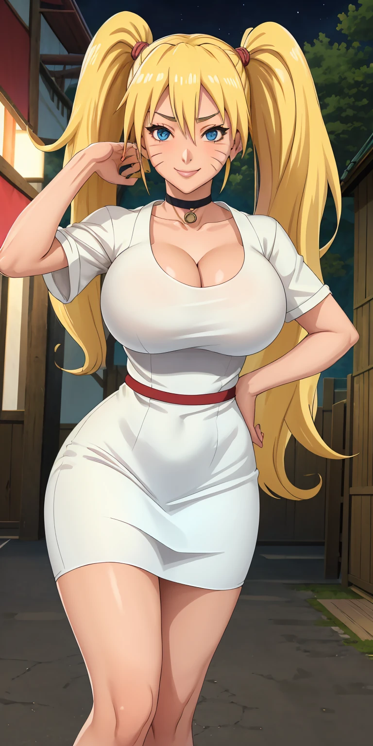 masterpiece, best quality, extremely detail 8k cg, high resolution, 1girl, solo, mature female, WhiteShirt_SexyJusuNaruto_Naruko_ownwaifu, 1girl, blonde hair, naruko \(naruto\), twintails, long hair, facial mark, whiskers, whisker markings, blue eyes, large breasts, hair between eyes, bangs, white dress, short dress, shirt, cleavage, choker, collarbone, titsonastick, night time, outdoors, konohavillage, beautiful face, seductive expression, smirk, medium full shot 