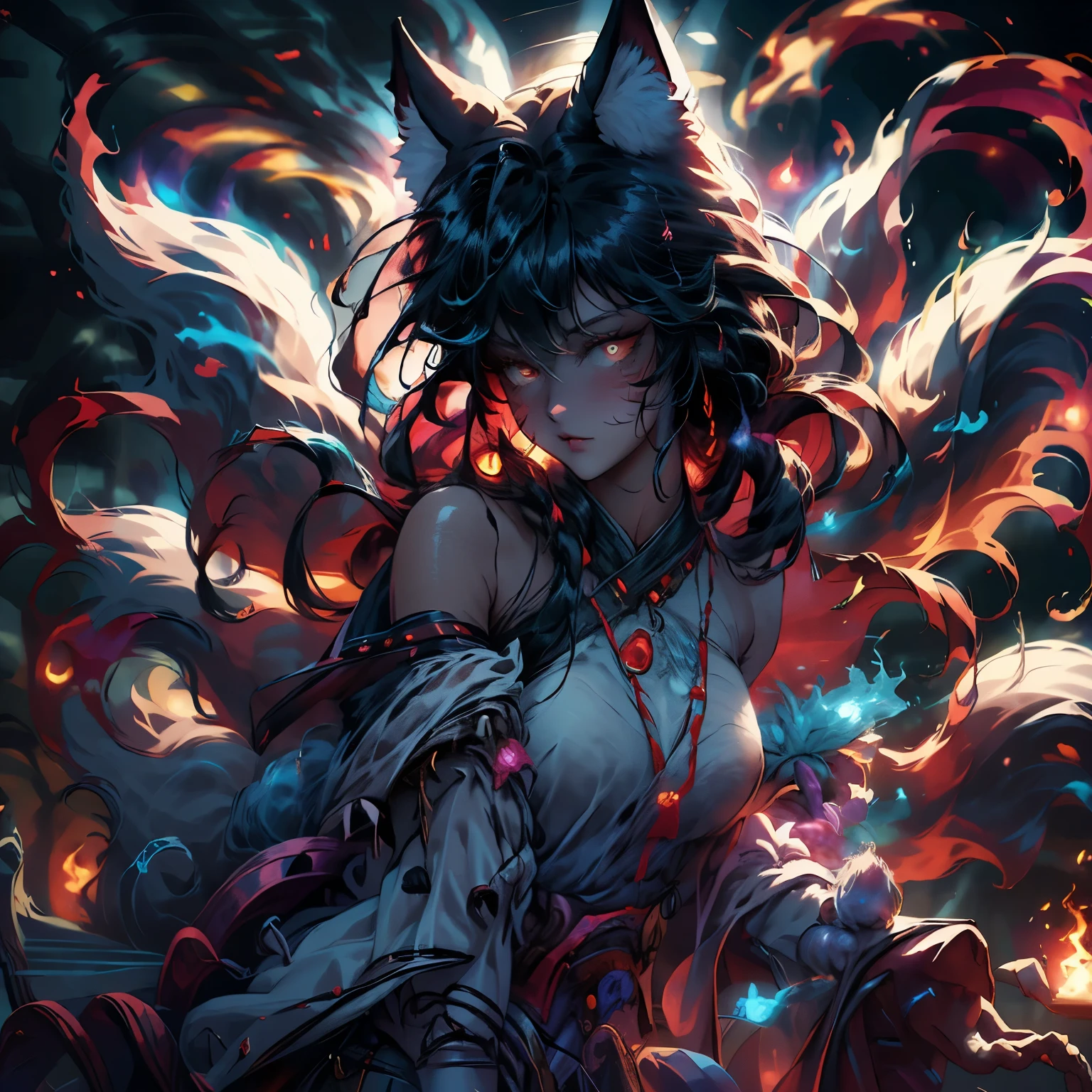 a ghostly woman with glowing red eyes, long fiery fur, and a wolf-like appearance, surrounded by a swarm of flying ghost line art and undead creatures, set against a night sky with a full red moon and wispy cloudy clouds, (best quality,4k,8k,highres,masterpiece:1.2),ultra-detailed,(realistic,photorealistic,photo-realistic:1.37),fantasy,night,red full moon,cloudy clouds,wolf woman,fiery fur,flying ghost line art,undead,ghosts