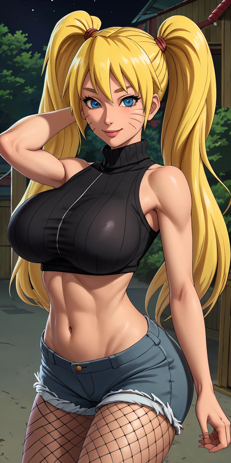 masterpiece, best quality, extremely detail 8k cg, high resolution, 1girl, mature female, Turtleneck_SexyJusuNaruto_Naruko_ownwaifu, 1girl, blonde hair, naruko \(naruto\), twintails, long hair, facial mark, whiskers, whisker markings, blue eyes, large breasts, hair between eyes, bangs, midriff, denim shorts, fishnet pantyhose, bare shoulders, collarbone, titsonastick, beautiful face, smirk, night time, konohavillage, outdoors