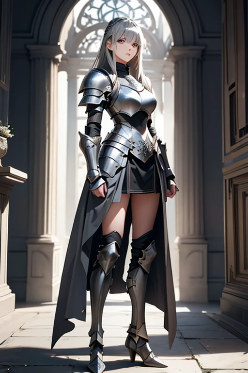 knee shot,female, gray hair, gray eyes, medium-length hair, pull plate armor, knight, 170 cm, bangs, a woman of virtue, Expressionless, Chic, tough,  standing position, Stately , Looking down, Mansion entrance