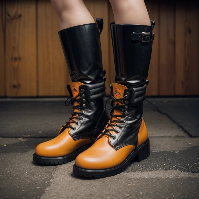 Create an all-black boot with a yellow lightning design in the middle with the brand name and relampage