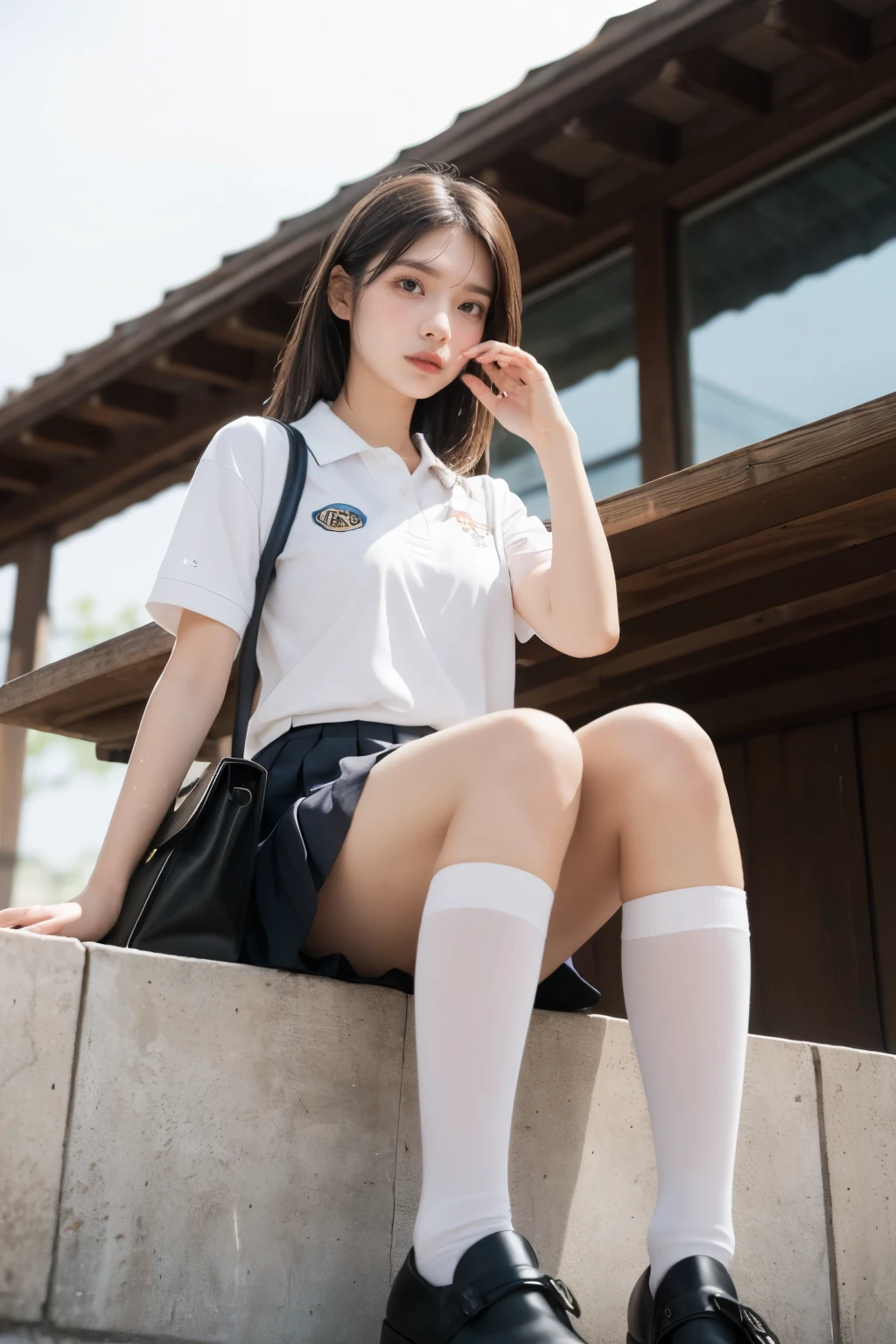 heavy rain, soaked, long hair, looking at viewer, smile, bangs, (Two girls in:1.2), skirt, brown hair, shirt, black hair, short sleeves, brown eyes,  bob hair, sitting in school rooftop, white polo shirt, pleated mini skirt, open clothes, shoes, black socks, striped, collared shirt, hand up, bag, kneehighs, brown footwear, loafer, school bag, Wet, Cowboy shot, (From below:1.2), 