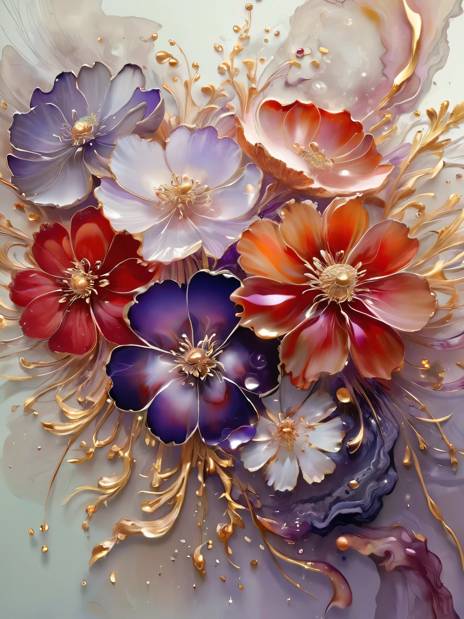 A bunch of blooming flowers,the petals show different shades of red and purple the center is embellished with gold texture,sparkling,elegant and unique,gently swaying,mysterious and charming,realistic and abstract art,details,very realistic,beautiful and vital,dreamlike and surreal,delicate brush strokes and rich colors,beauty and mystery,unimaginable beauty,Ornate And Intricate,transparent,translucent,Agate material,jade material,BY Anne Bachelier, sketch artstyle