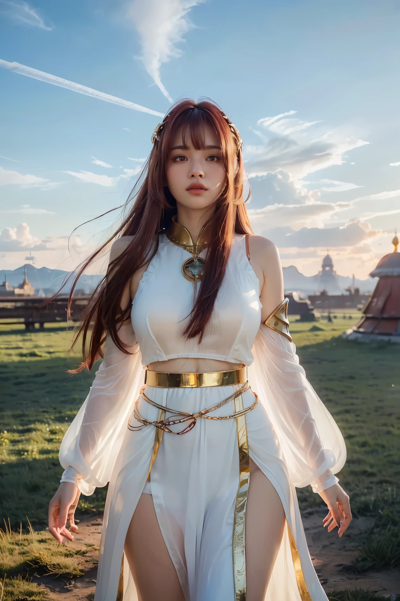 ((masterpiece, best quality, extremely detailed), volumetric lighting, ambient occlusion, colorful, glowing), 1girl, solo, young girl, (maroon hair with bangs), long hair, halo, aura, sacred, goddess, cleric suit, (white outfit with gold detailst:1.3), armor, outdoors, sunset, sky, clouds, space, (fantasy theme:1.2),