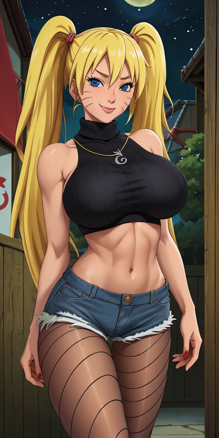 masterpiece, best quality, extremely detail 8k cg, high resolution, 1girl, mature female, Turtleneck_SexyJusuNaruto_Naruko_ownwaifu, 1girl, blonde hair, naruko \(naruto\), twintails, long hair, facial mark, whiskers, whisker markings, blue eyes, large breasts, hair between eyes, bangs, midriff, denim shorts, fishnet pantyhose, bare shoulders, collarbone, titsonastick, beautiful face, smirk, night time, konohavillage, outdoors