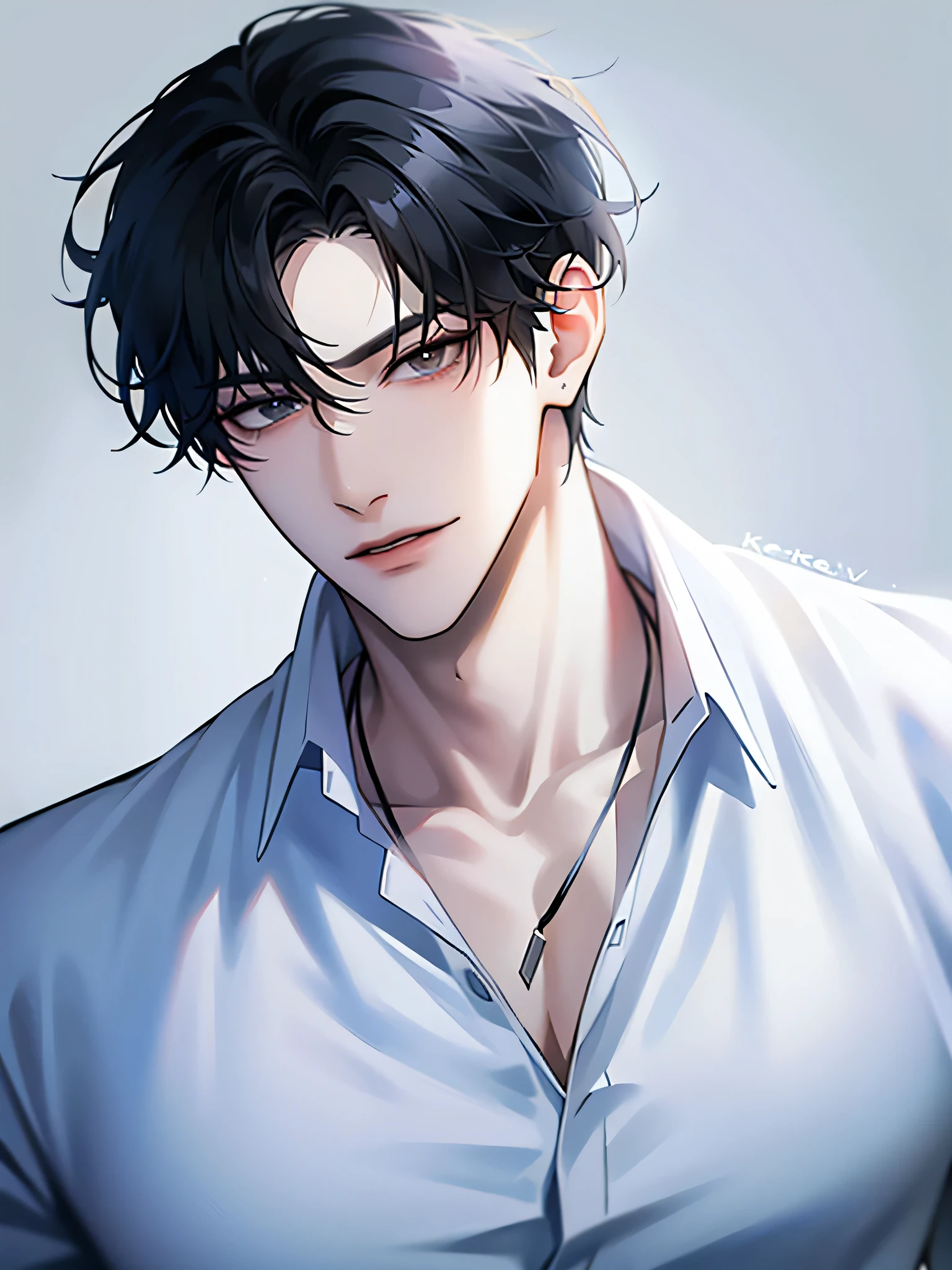 (Masterpiece, 8k, high quality,  best quality:1.6), 1 boy, alone, Short hair, Black hair, asymmetrical fringe, Gray eyes, handsome, Sharp eyes, ( maturity  male,  maturity :1.2),  male focusprojecting ,  tucked into a white open-necked shirt , Black pants, necklace, Close-up, smile, Long eyelashes, Light shadow ,  perfect anatomy , มือสัมผัสผู้ชม การถ่ายภาพClose-up, 