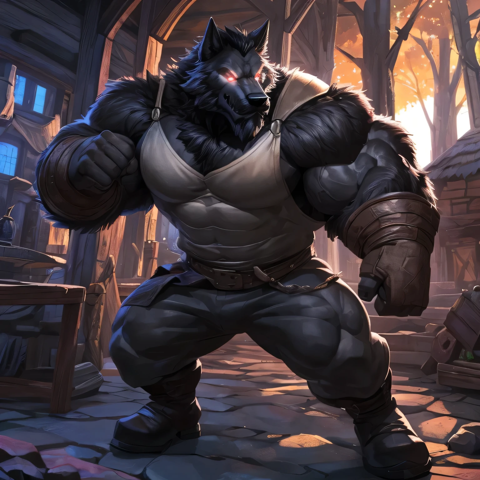 An alone anthropomorphic badass wolf (realistic, detailed, american shot, aesthetic physique, aesthetic proportions, well-built body, muscle mountain, 1.6 meters tall, small, very oversized chest, very oversized arms, extremely broad shoulders, black hair, black body, wolf head (wolf head, black thick full mustache, black thick trimmed full beard, black thick short hair, bright white glowing eyes, black fur) black fur, wears medieval sleeveless clothe, wears a medieval peasant pant, wears medieval black boots, fighting position) standing in fighting position, his upperbodyis growing, in a futuristic village in the forest.