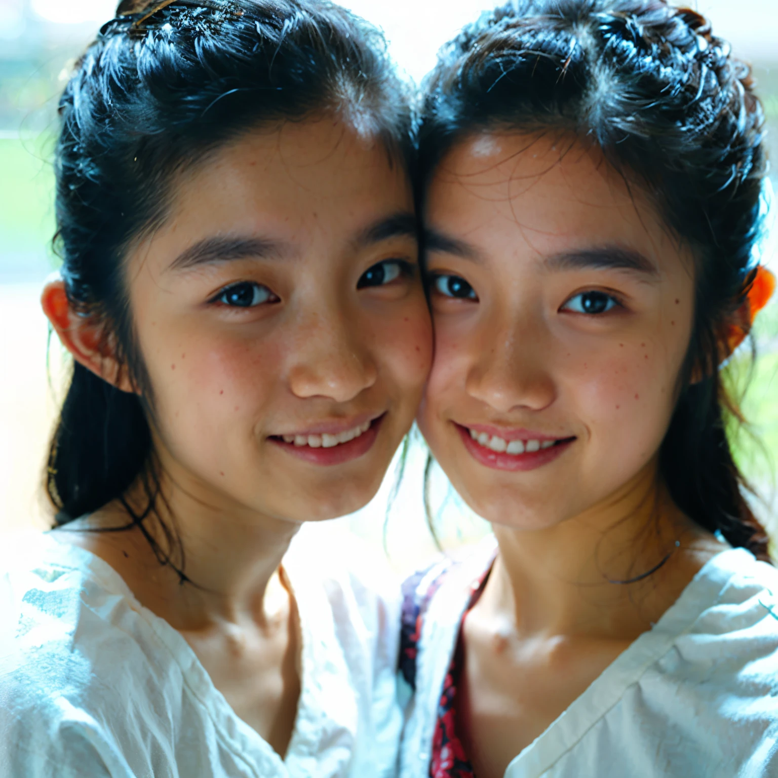 1. Studio Lighting Portrait: "(8k, RAW Photos, Best Quality), Identical twin sisters, simple portrait on white background, Spotlight on your face, A gentle smile,  cinematic lighting"