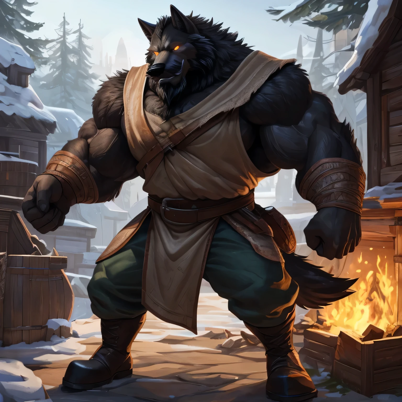 An alone anthropomorphic badass peasant wolf (realistic, detailed, american shot, aesthetic physique, aesthetic proportions, well-built body, muscle mountain, 1.6 meters tall, small, very oversized upperbody,  very oversized chest, very oversized arms, extremely broad shoulders, black hair, black body, wolf head (wolf head, black thick full mustache, black thick trimmed full beard, black thick short hair, bright white glowing eyes, black fur) black fur, wears medieval sleeveless clothe, wears a medieval peasant pant, wears medieval black boots, fighting position) standing in fighting position, his upperbodyis growing, in a futuristic village in the forest.