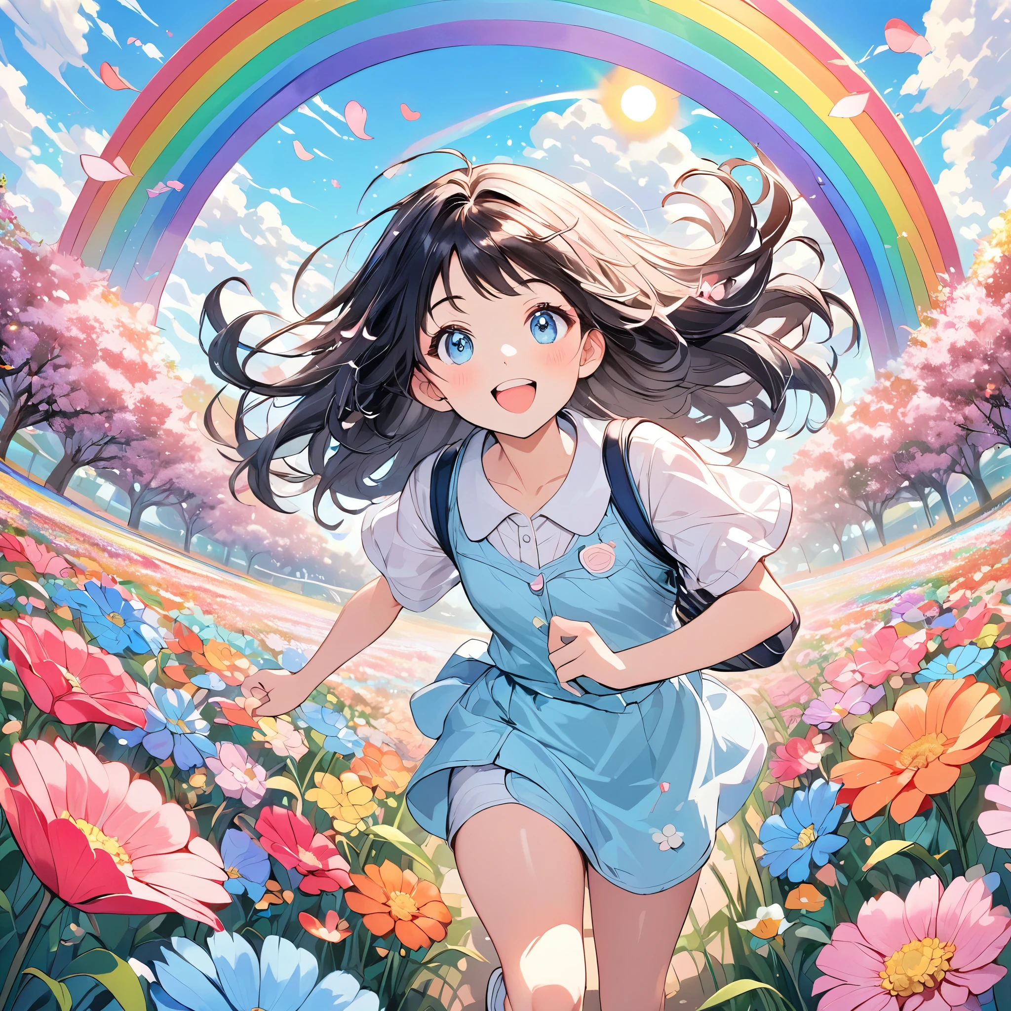 Depict a Japanese female student running through a field of oversized, colorful flowers. Heart-shaped petals float in the air around her. The sky is a swirl of pastel pinks and blues, with a large, smiling sun in one corner. Rainbows arch across the background, and cute animals peek out from behind the flowers. The student's hair and clothes flow in the wind, creating a sense of motion. The painting style should be whimsical and childlike.